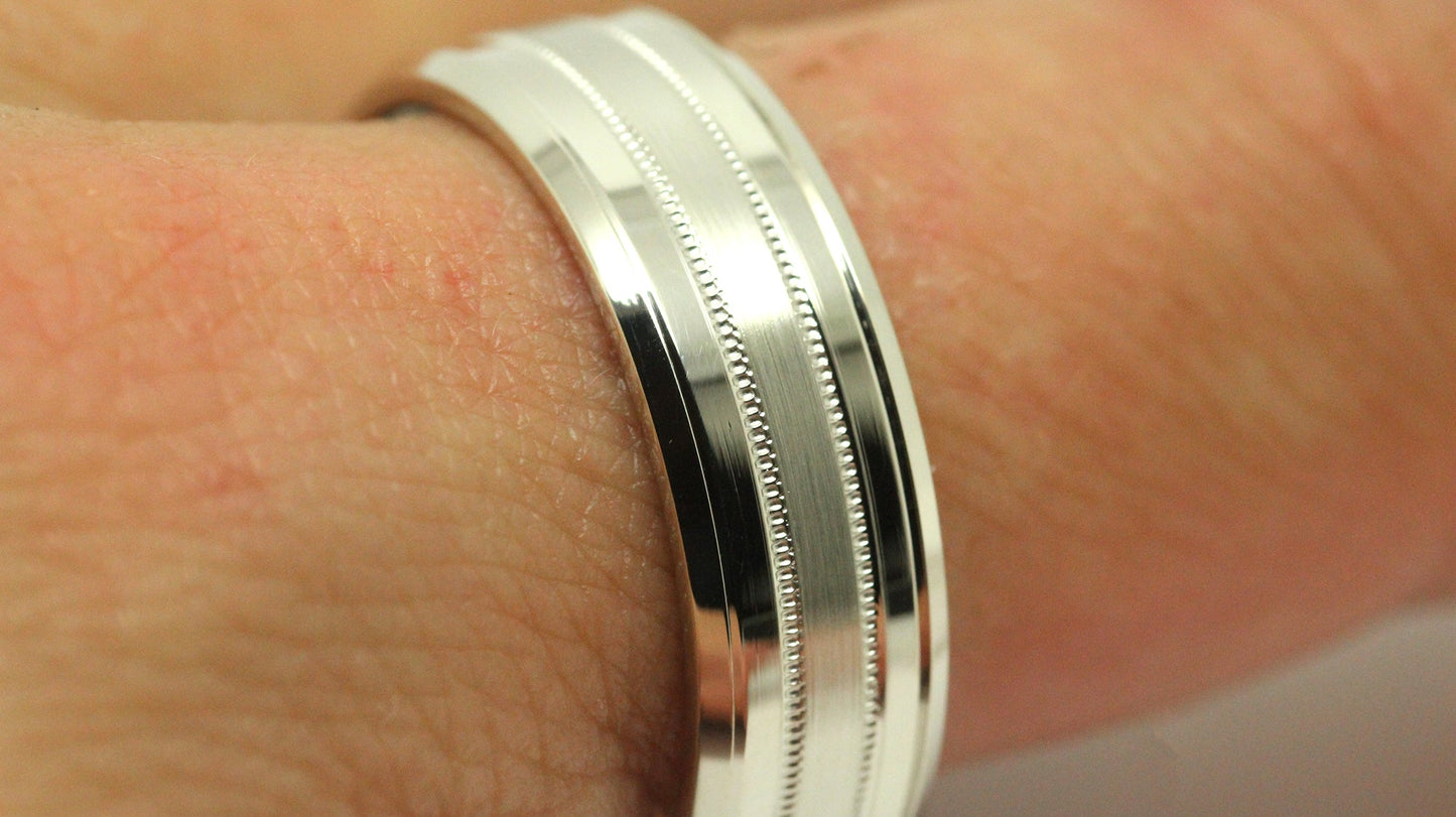 7mm Solid Gold Wedding Band for Men and Women Flat Beveled Brushed | AT-0002