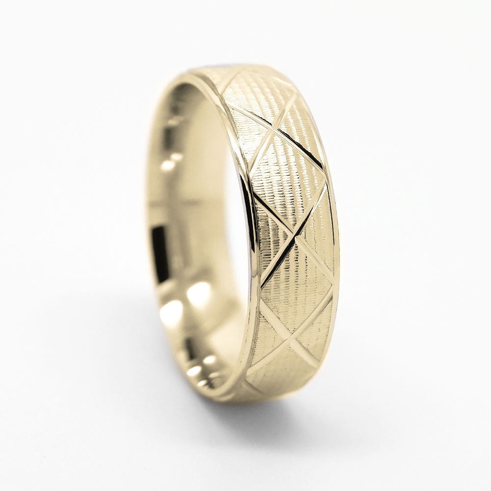 6mm Gold Wedding Band for Men and Women Textured X Pattern | AT-0002
