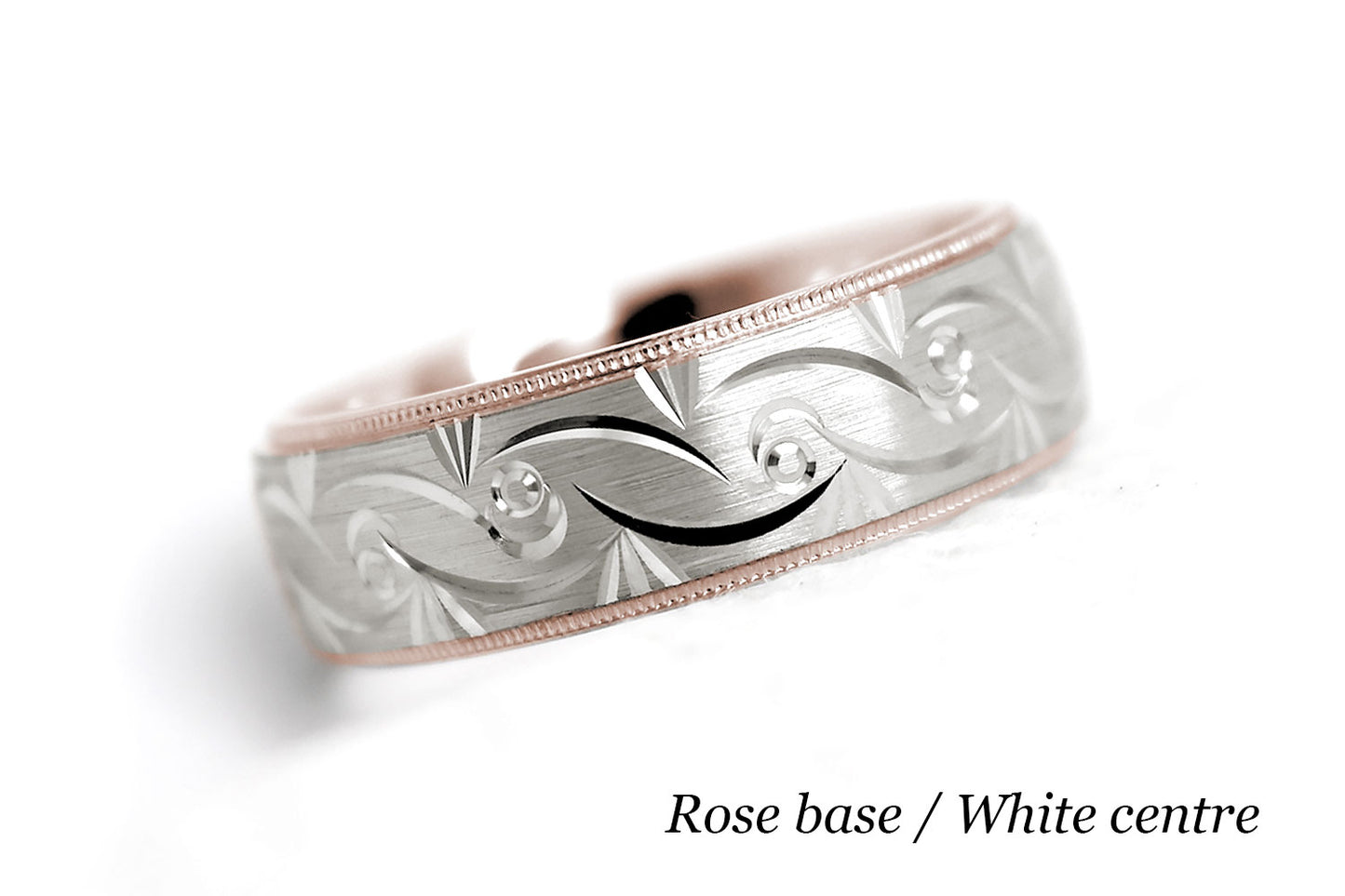 Solid two tone gold wedding band for men and women in rose gold base and white gold centre