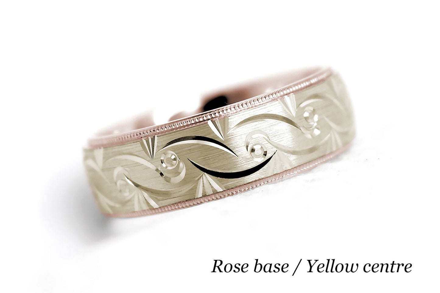 Solid two tone gold wedding band for men and women in rose gold base and yellow gold centre