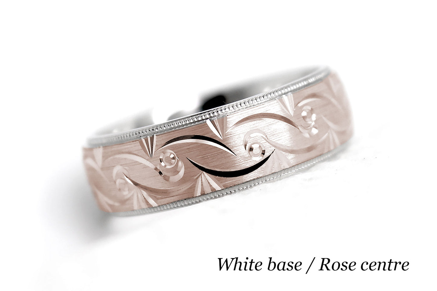 Solid two tone gold wedding band for men and women in white gold base and rose gold centre