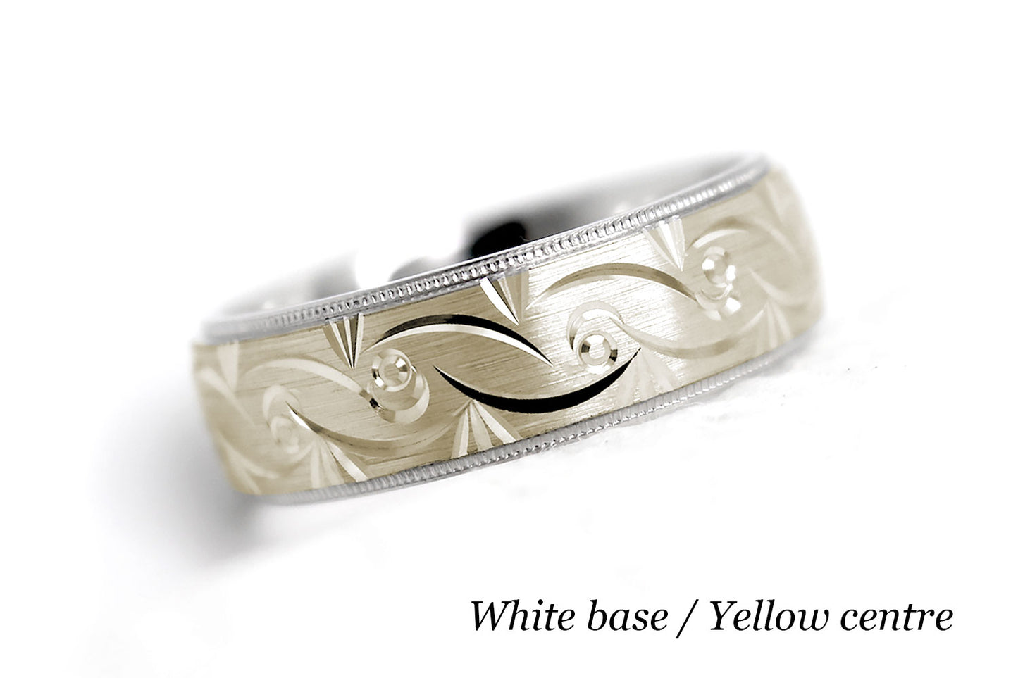 Solid two tone gold wedding band for men and women in white gold base and yellow gold centre
