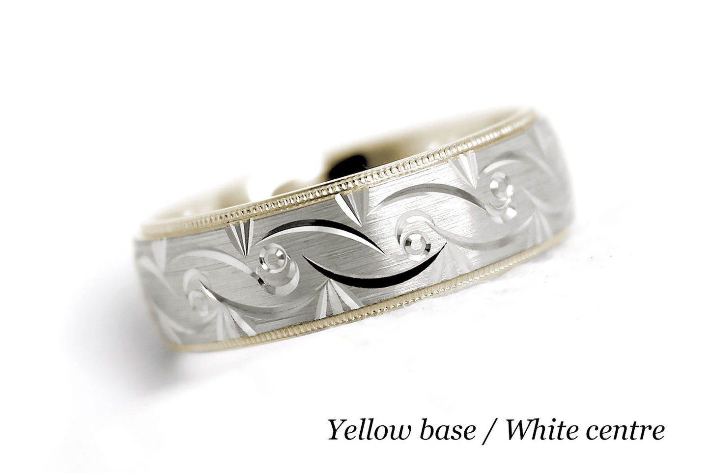 Solid two tone gold wedding band for men and women in yellow gold base and white gold centre