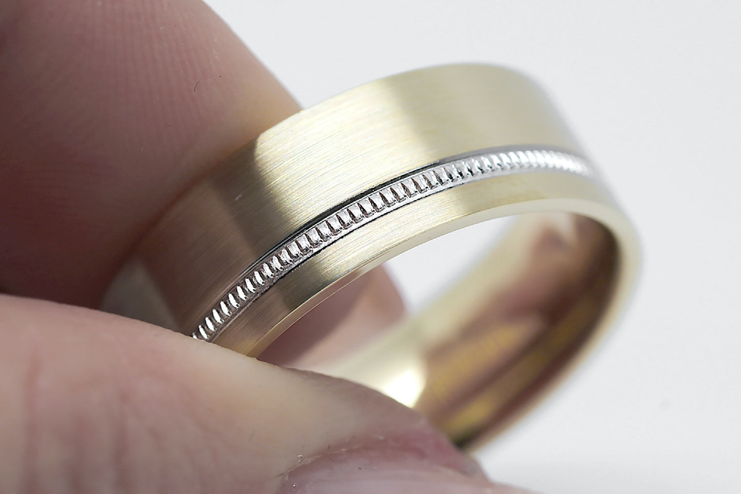 8mm Gold Wedding Band for Men and Women Flat Wide Milgrain | T-0007