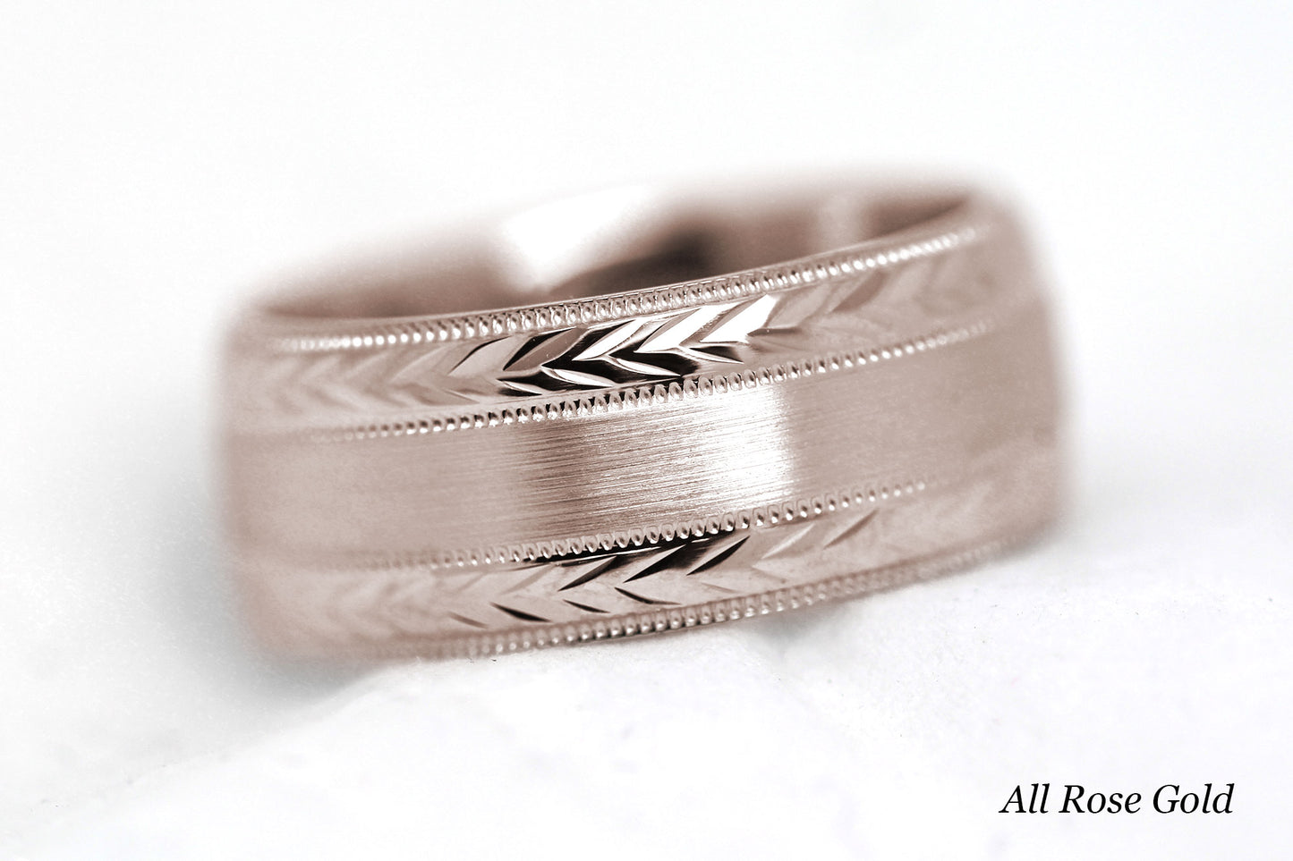 8mm Solid Gold Wedding Band for Men and Women Flat Brushed Filigree Edge | AT-0013