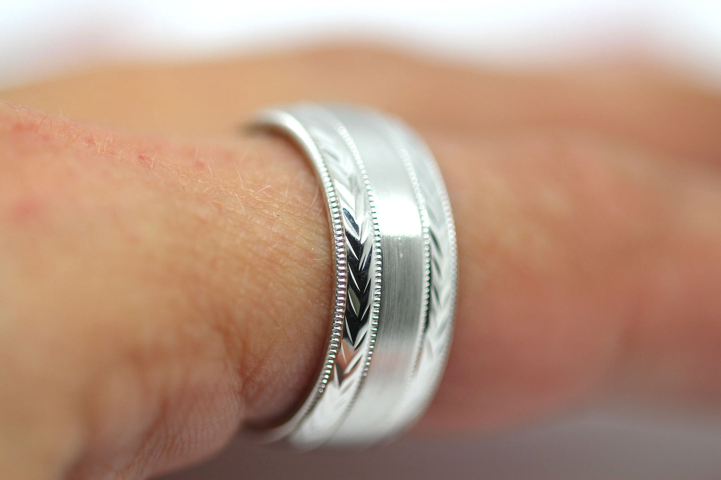8mm Solid Gold Wedding Band for Men and Women Flat Brushed Filigree Edge | AT-0013