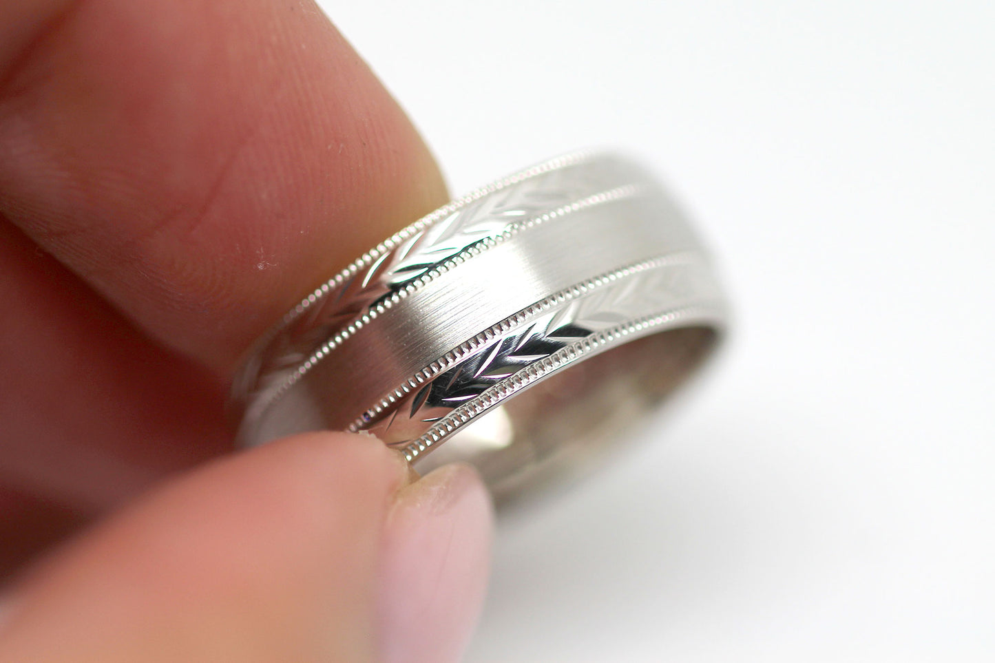 8mm 925 Silver Wedding Band for Men and Women Flat Brushed Filigree Edge | AT-0013