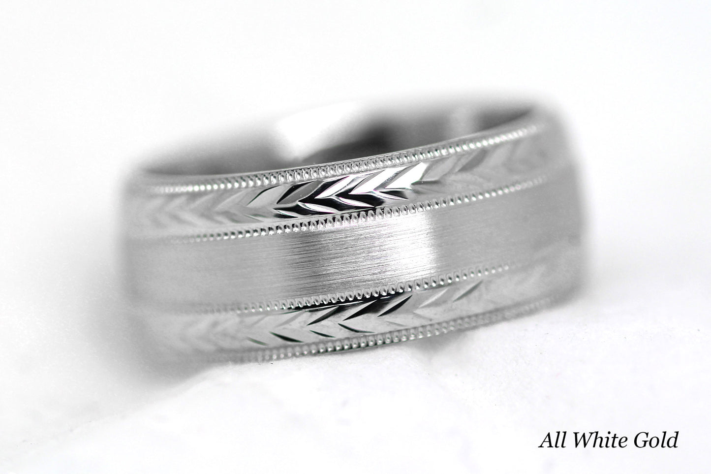 8mm Solid Gold Wedding Band for Men and Women Flat Brushed Filigree Edge | AT-0013