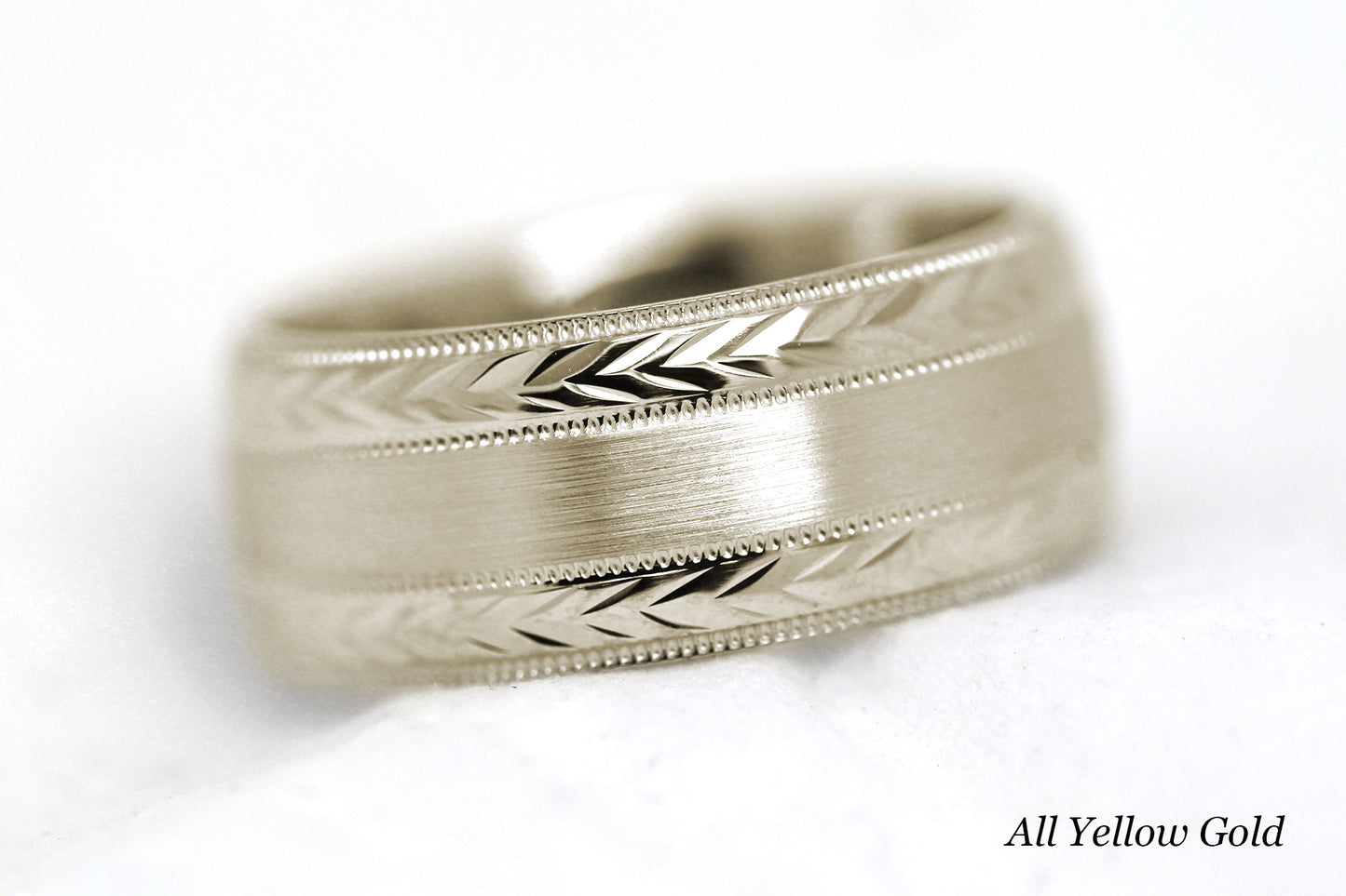 8mm Solid Gold Wedding Band for Men and Women Flat Brushed Filigree Edge | AT-0013