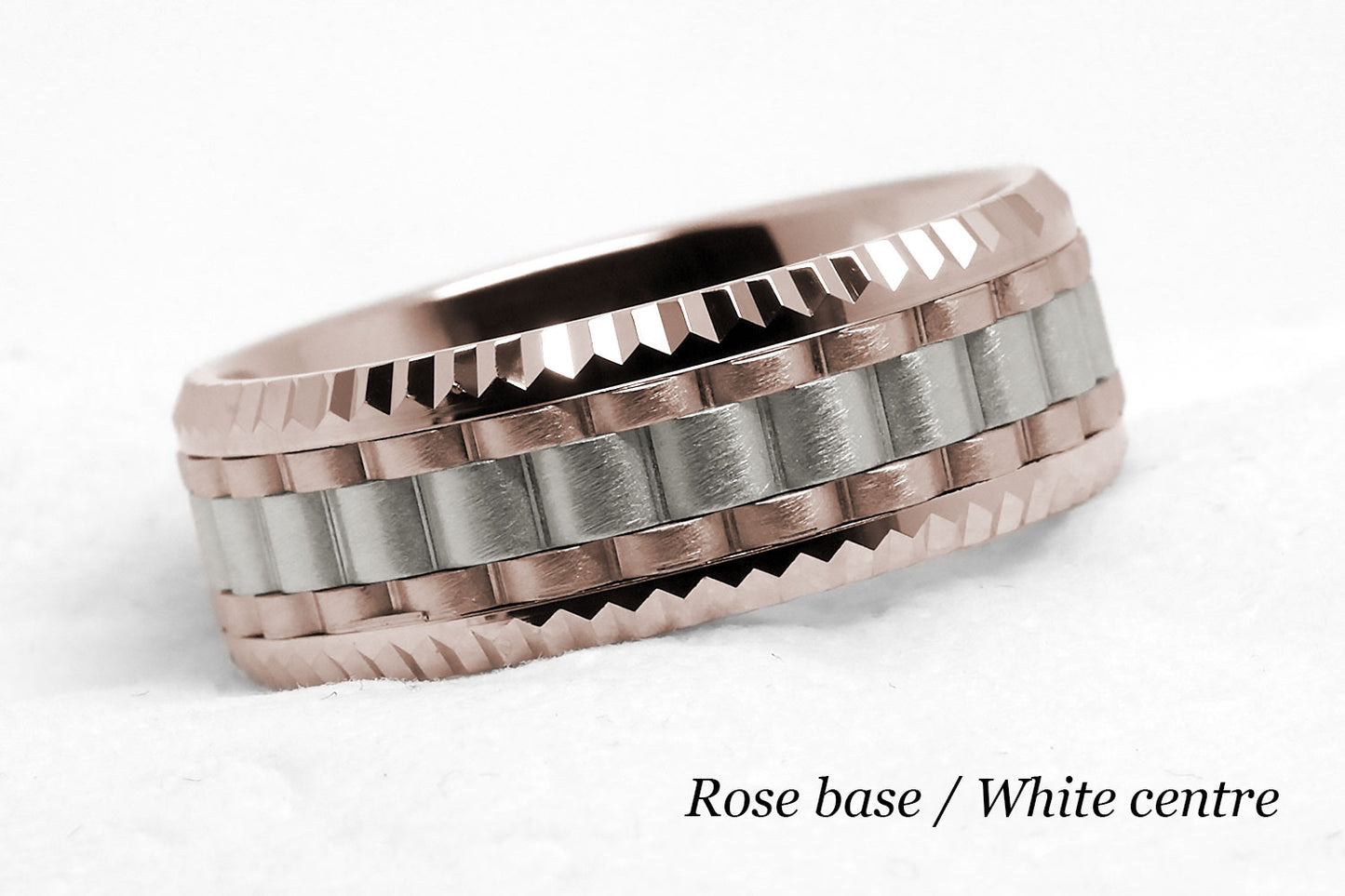 Luxury Heavy faceted solid gold wedding ring for men. Faceted carlex ring. rose gold base and white gold centre.