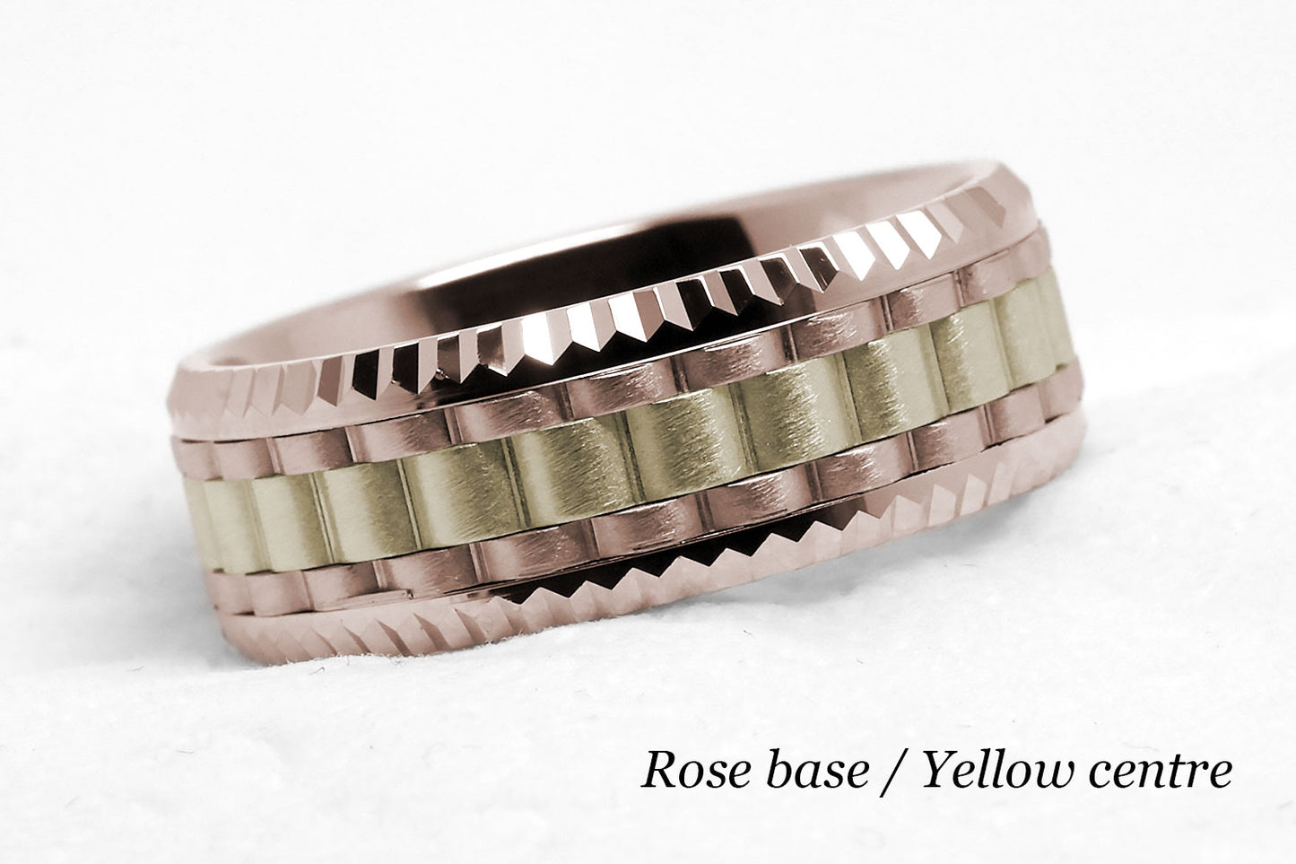 Luxury Heavy faceted solid gold wedding ring for men. Faceted carlex ring. rose gold base and yellow gold centre.