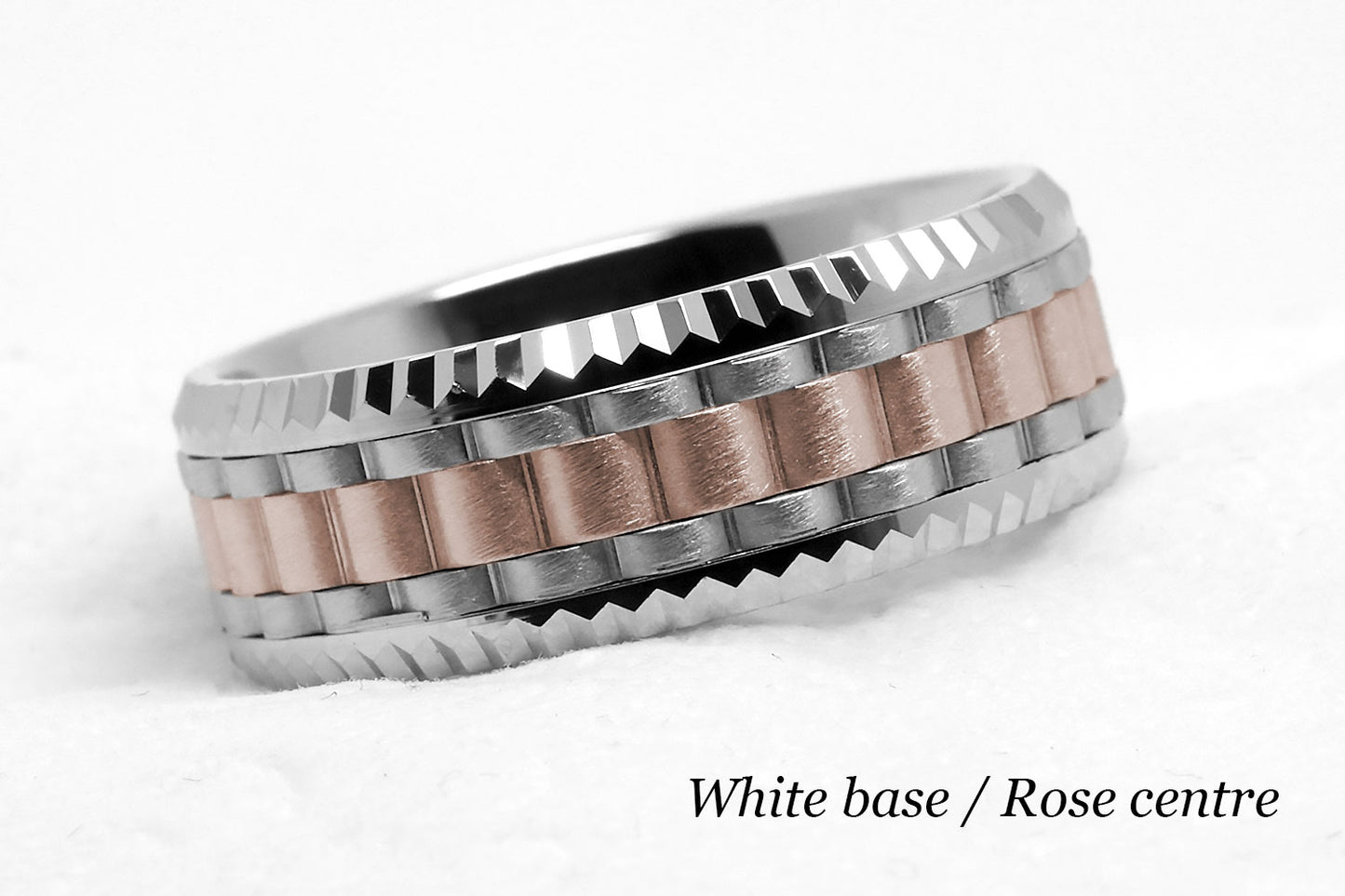 Luxury Heavy faceted solid gold wedding ring for men. Faceted carlex ring. White gold base and Rose gold centre.