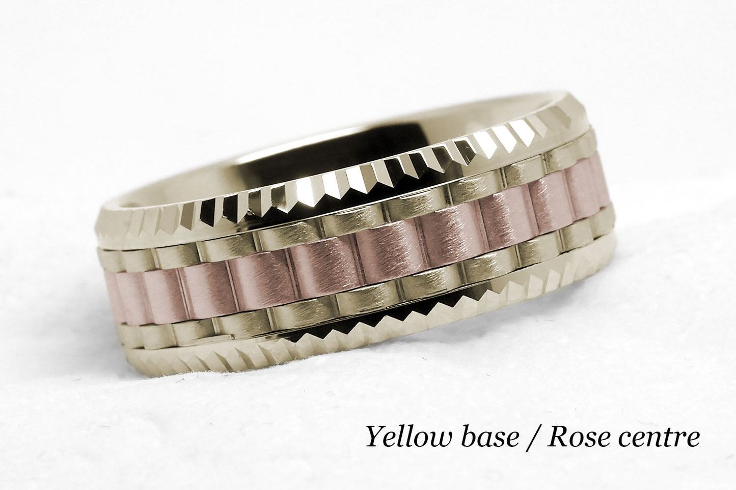 Luxury Heavy faceted solid gold wedding ring for men. Faceted carlex ring. yellow gold base and Rose gold centre.