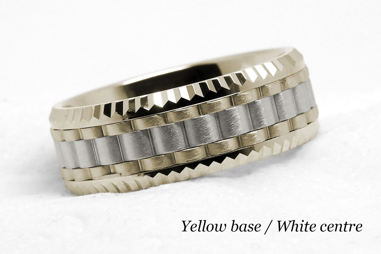 Luxury Heavy faceted solid gold wedding ring for men. Faceted carlex ring. Yellow gold base and White gold centre.