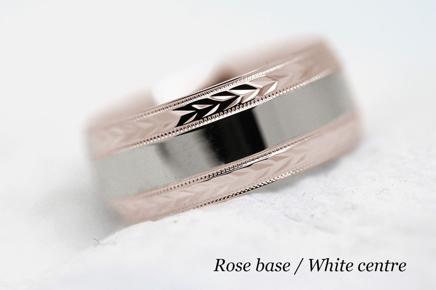 polished flat wedding and for men with wheat design in rose gold base and white gold centre
