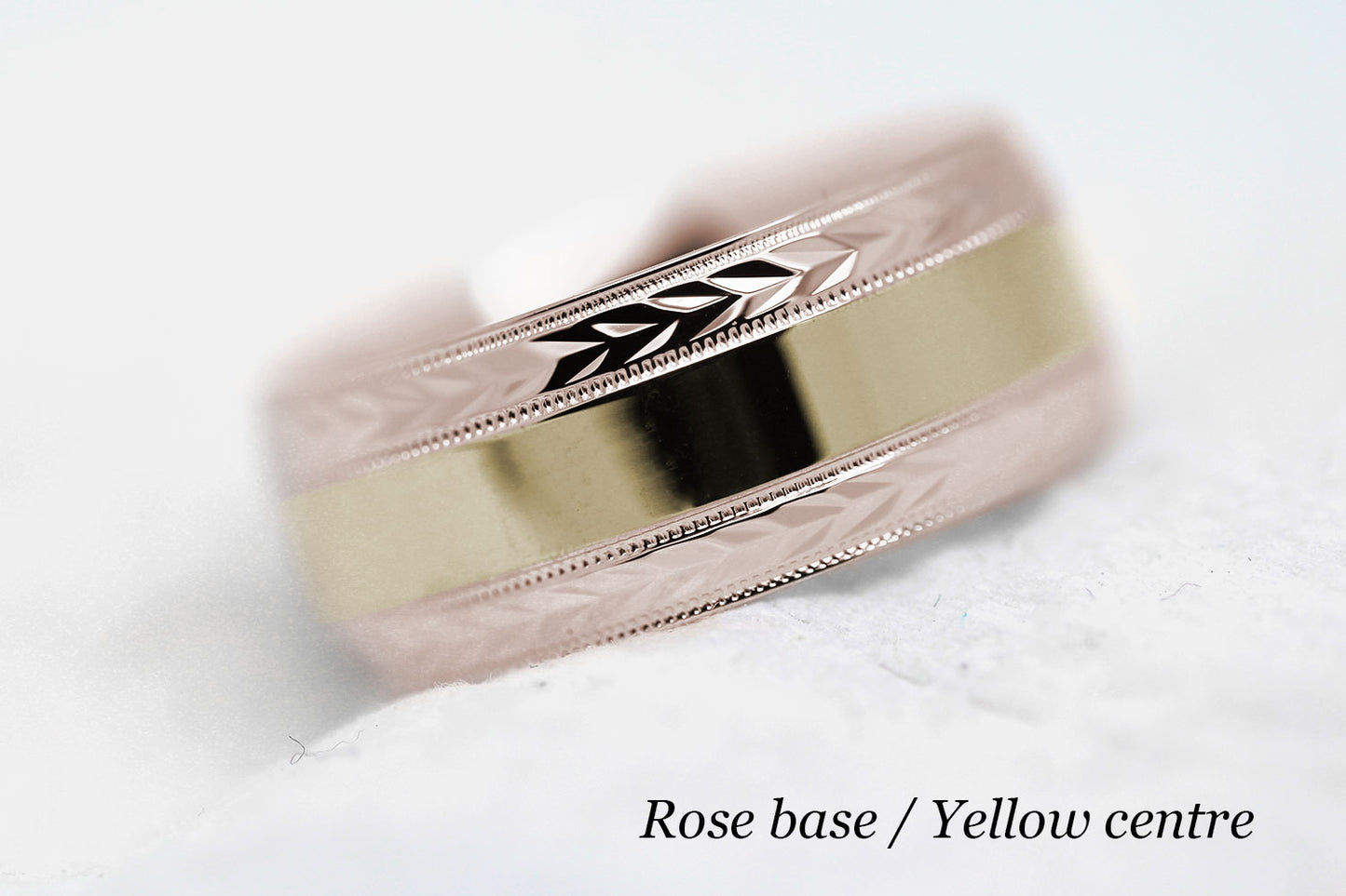 polished flat wedding and for men with wheat design in rose gold base and yellow gold centre