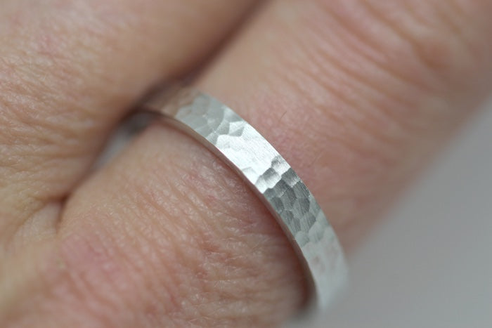 3mm Hammered Wedding Band for Men and Women Flat in 925 Sterling Silver | AT-0018