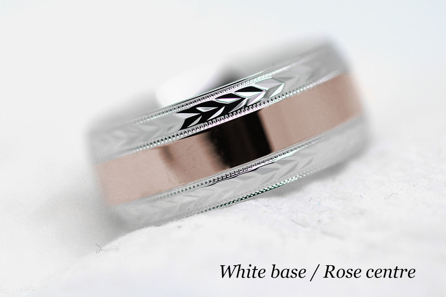 polished flat wedding and for men with wheat design in white gold base and rose gold centre
