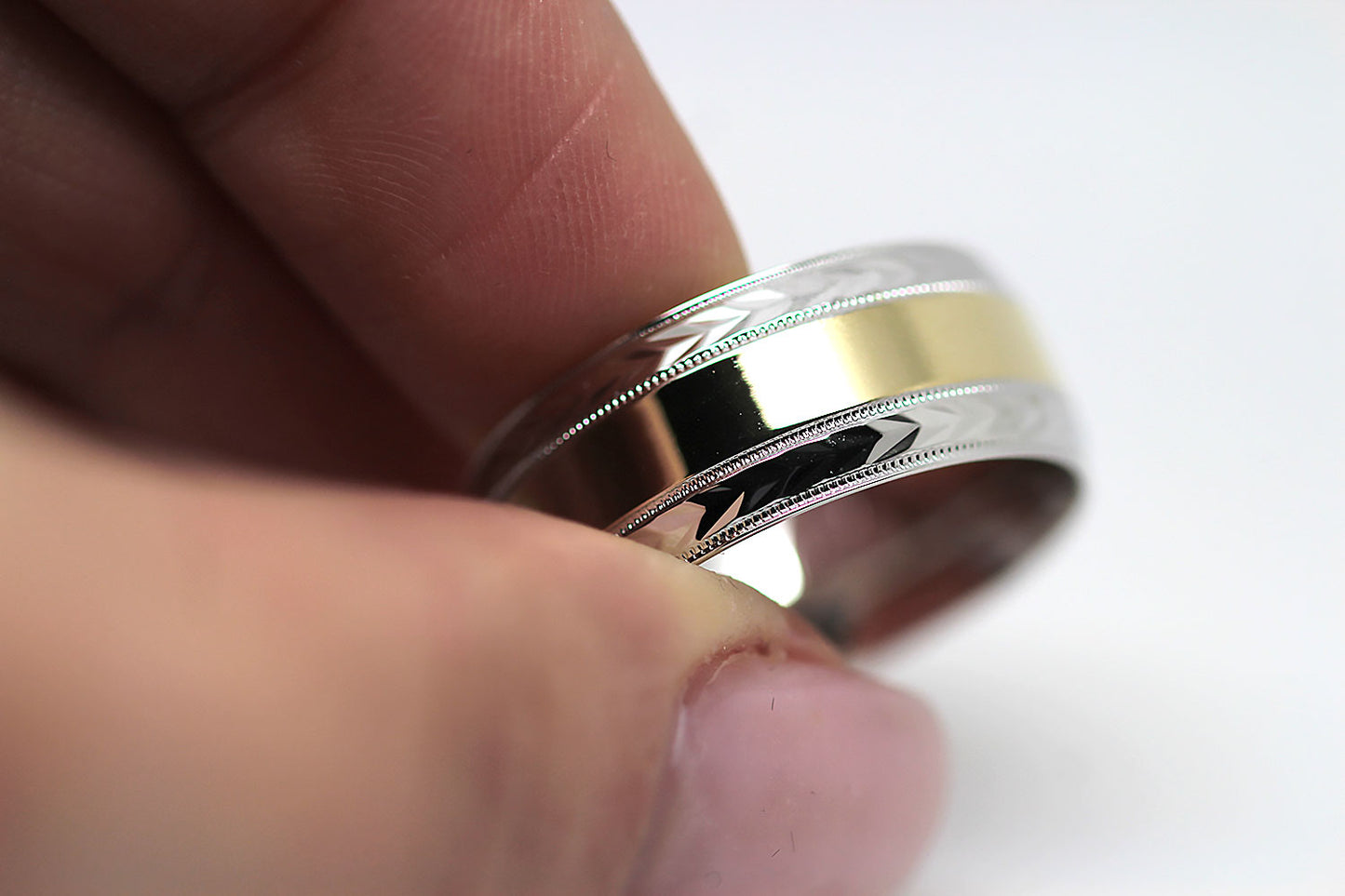 8mm Solid Gold Wedding Band for Men and Women Flat Polished Filigree Edge | AT-0018