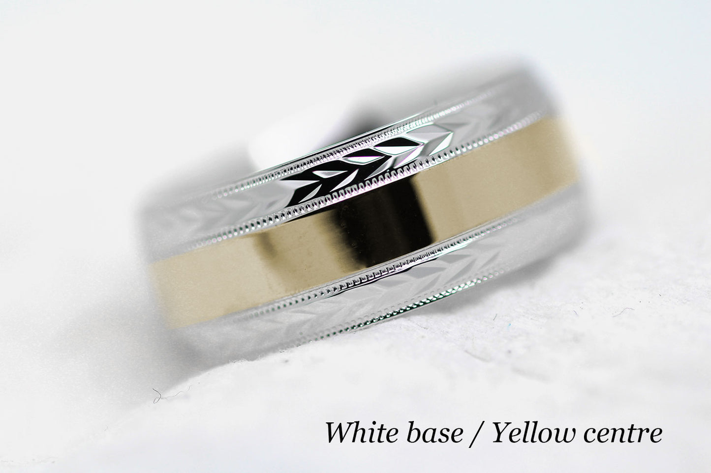 polished flat wedding and for men with wheat design in white gold base and yellow gold centre