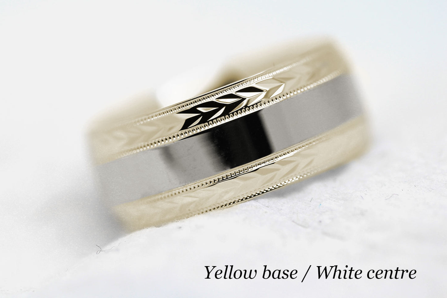 polished flat wedding and for men with wheat design in yellow gold base and white gold centre
