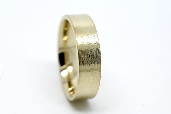 solid yellow gold wedding band for men and women with flat deep brush finish