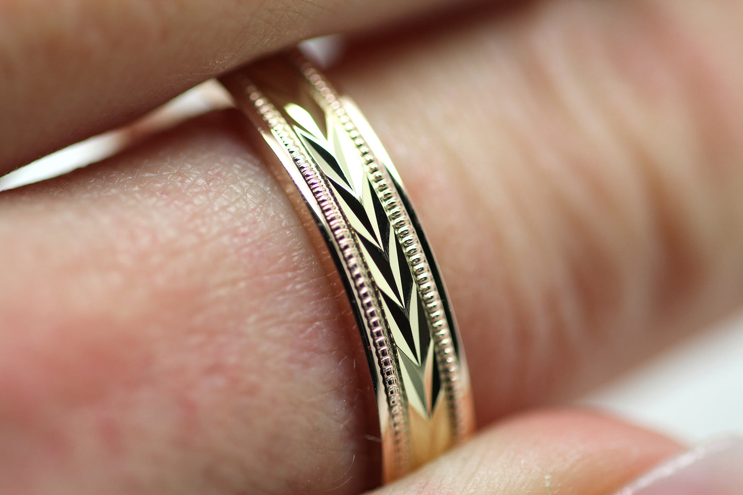 4mm Gold Solid Gold Wedding Band with Wheat design Wedding Band for Women and Men | T-0023