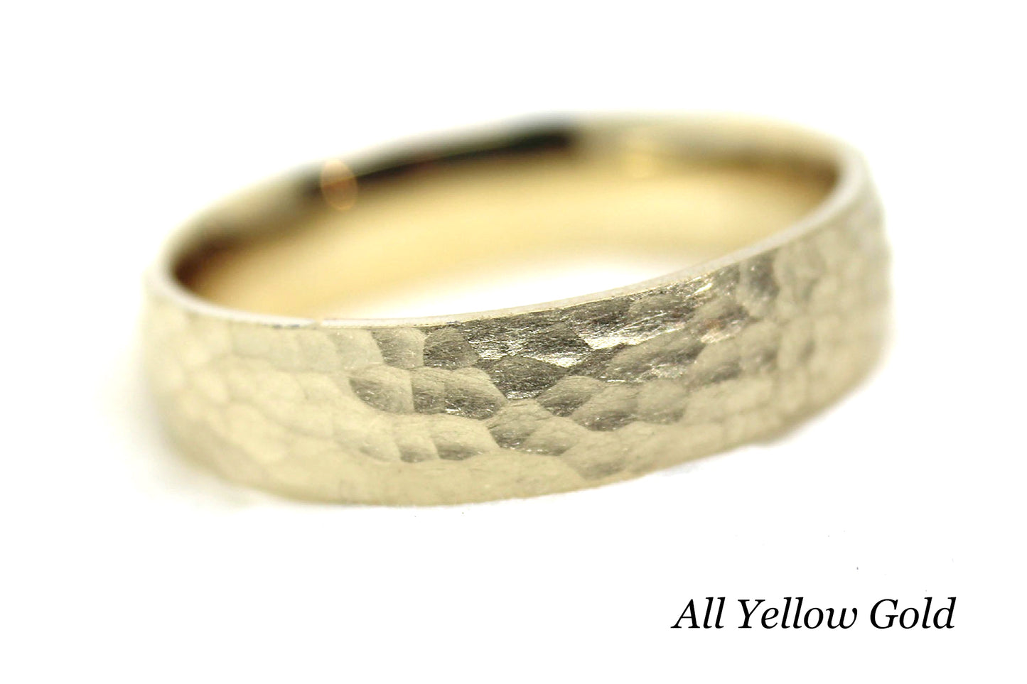 A 6mm hammered finish wedding band in yellow gold, with the text 'All Yellow Gold' indicating the metal type.