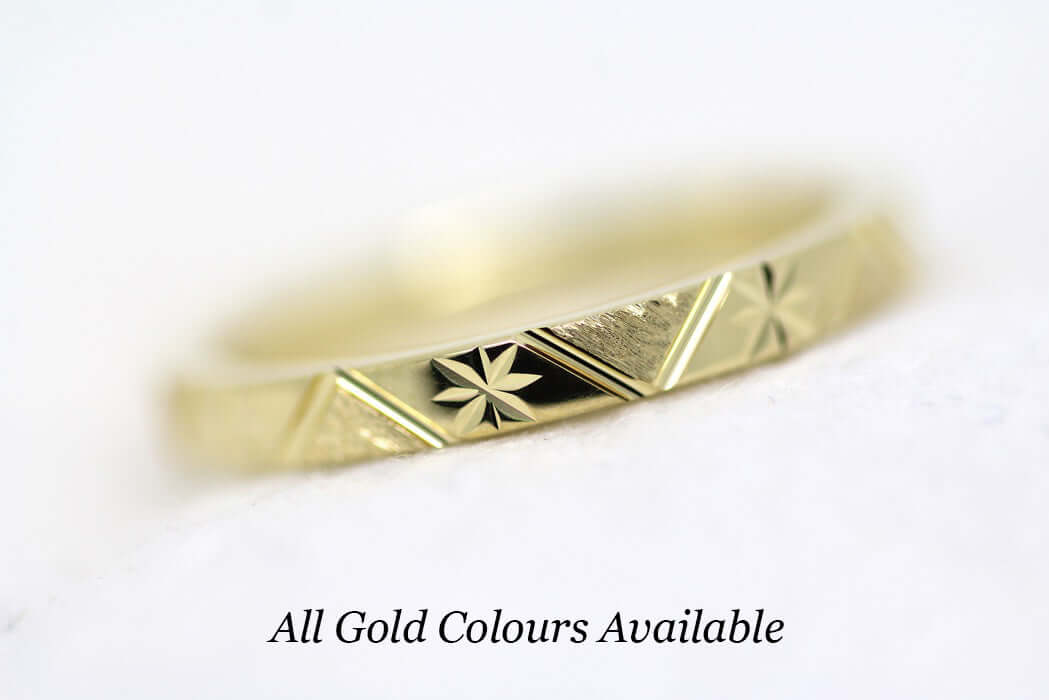 2mm 10K 14K 18K Gold Women's Wedding Band Stars Mountains | This gold ring's design was inspired by nature, narrow band with mountains and stars. Great addition to you stackable rings or wear alone as wedding ring