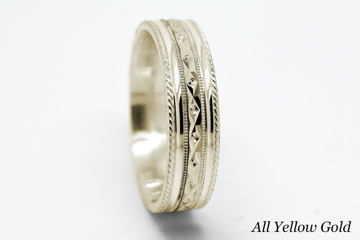 6mm Gold Wedding Band for Men and Women Faceted Double Milgrain | T-0031