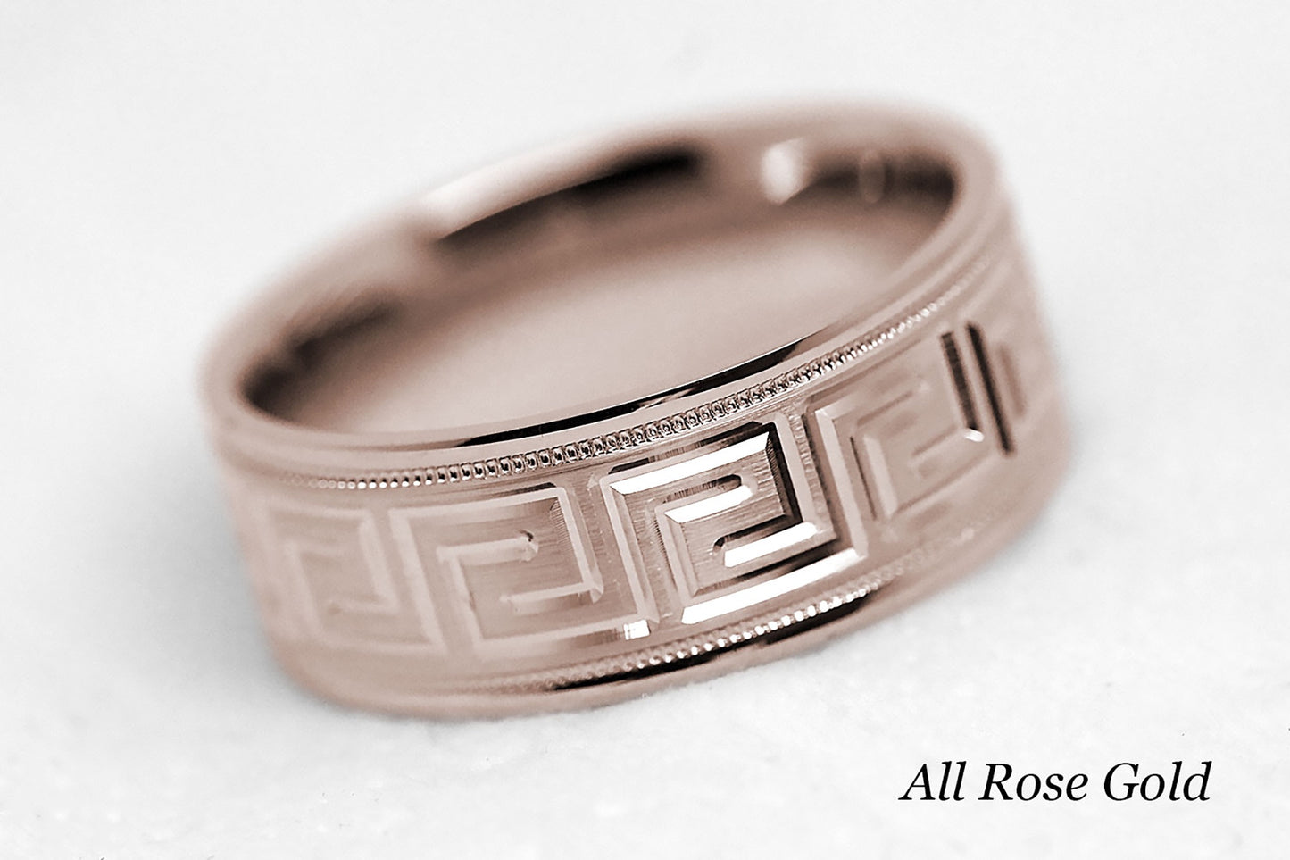 8mm Gold Wedding Band for Men and Women with Greek Design | T-0033