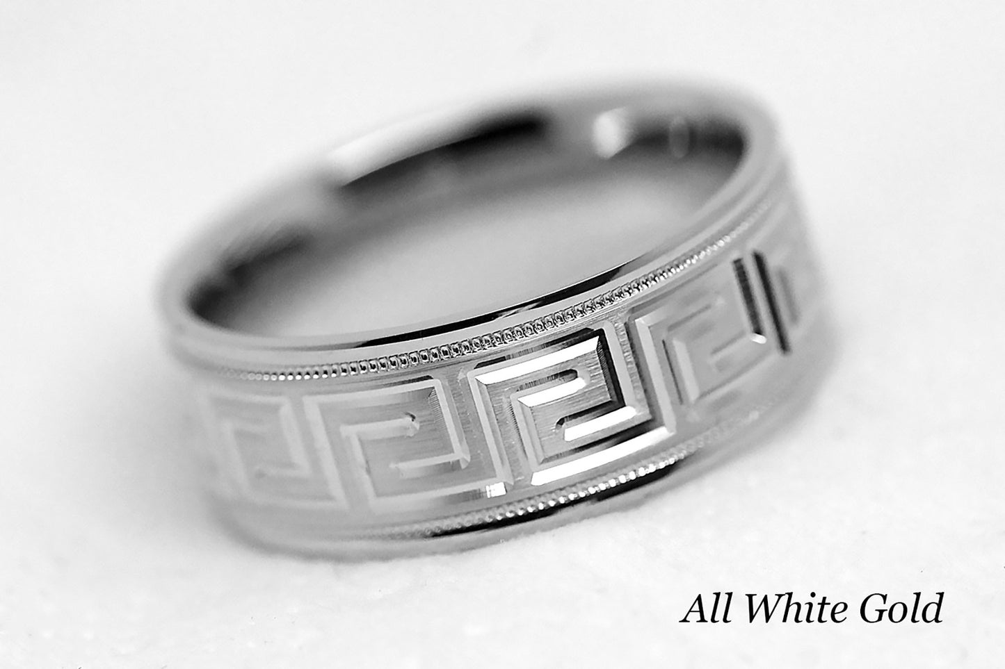 8mm Gold Wedding Band for Men and Women with Greek Design | T-0033