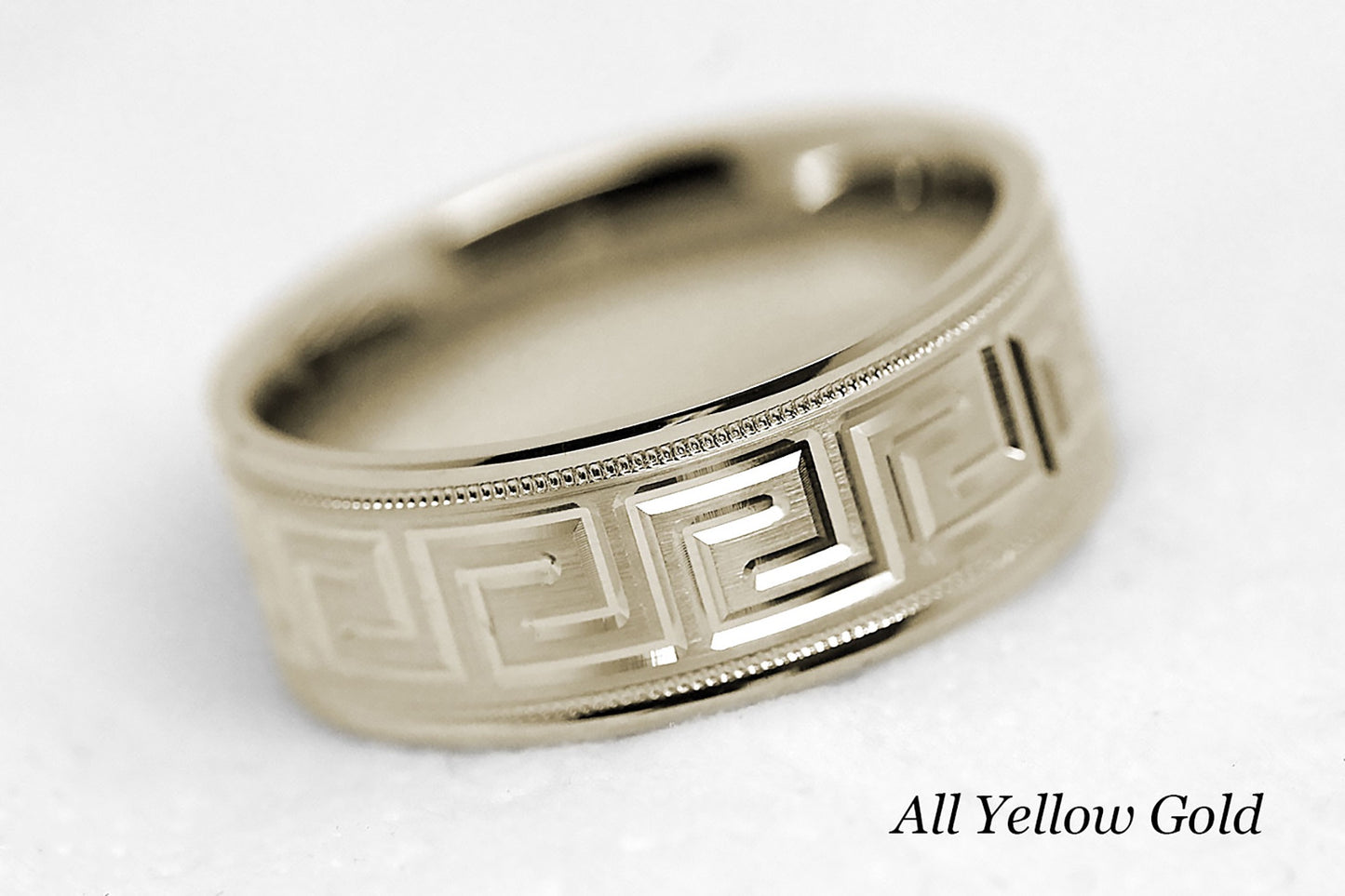 8mm Gold Wedding Band for Men and Women with Greek Design | T-0033