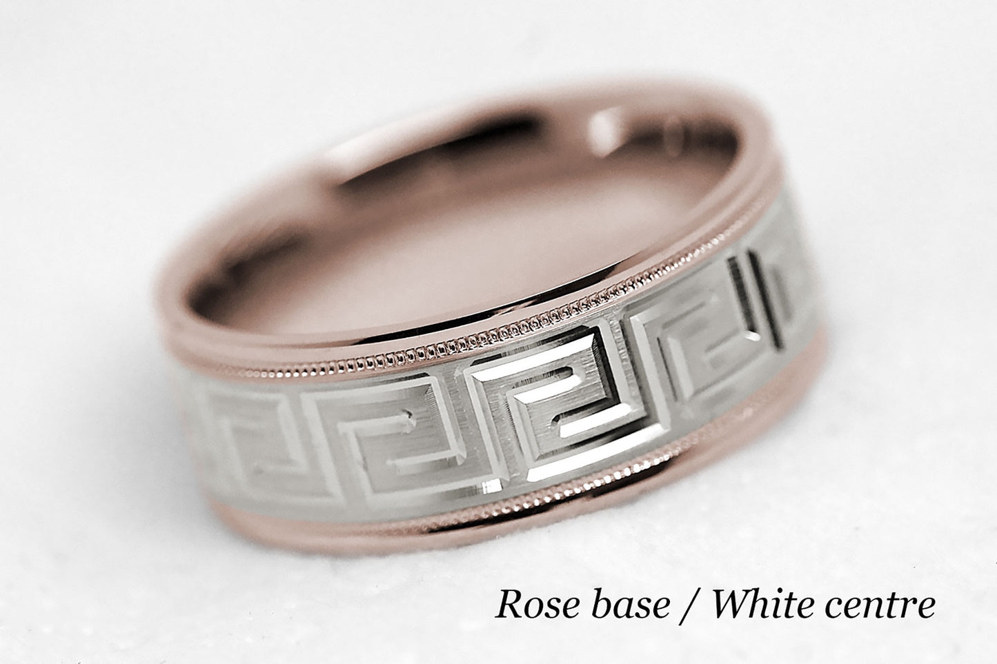 8mm Gold Wedding Band for Men and Women with Greek Design | T-0033
