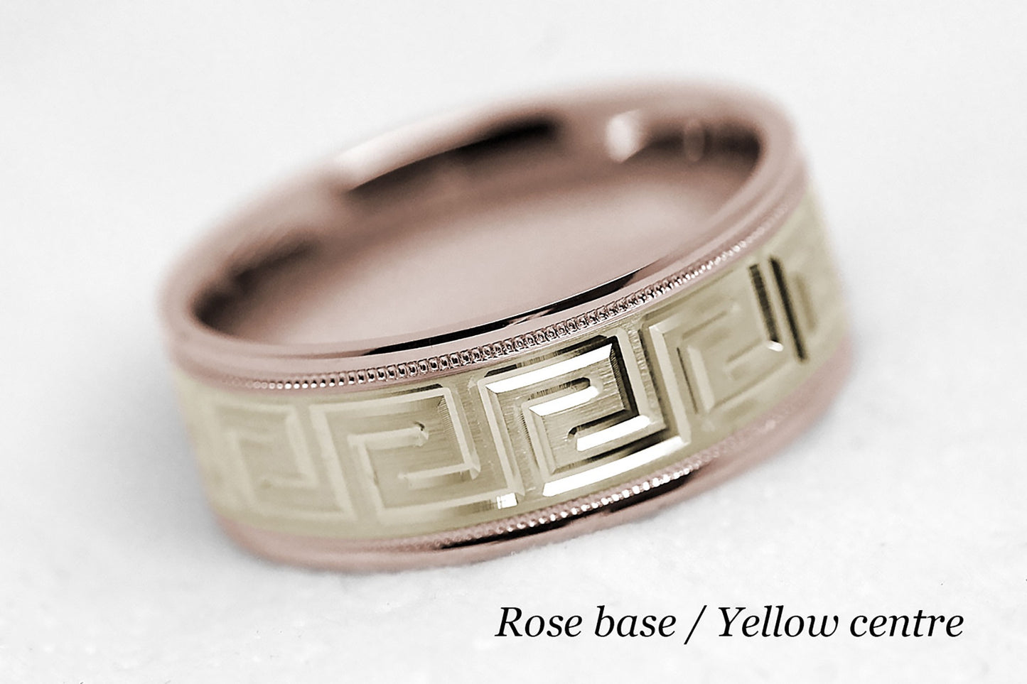 8mm Gold Wedding Band for Men and Women with Greek Design | T-0033