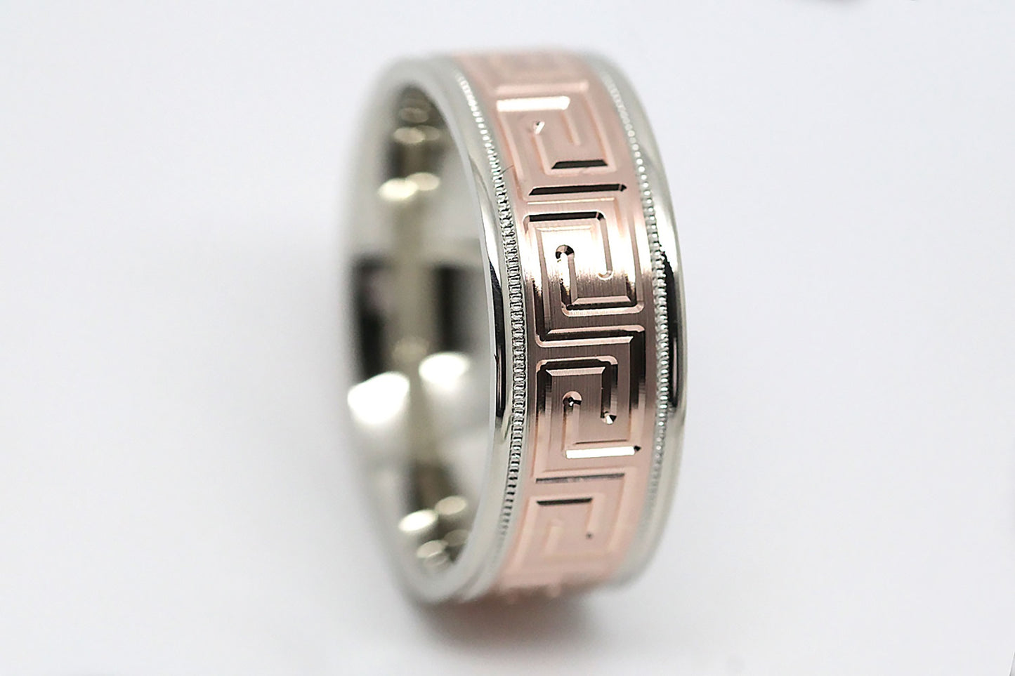 8mm Gold Wedding Band for Men and Women with Greek Design | T-0033