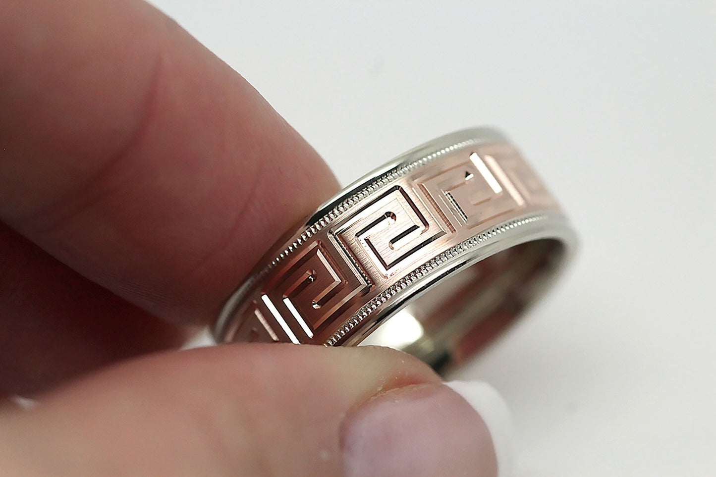 8mm Gold Wedding Band for Men and Women with Greek Design | T-0033