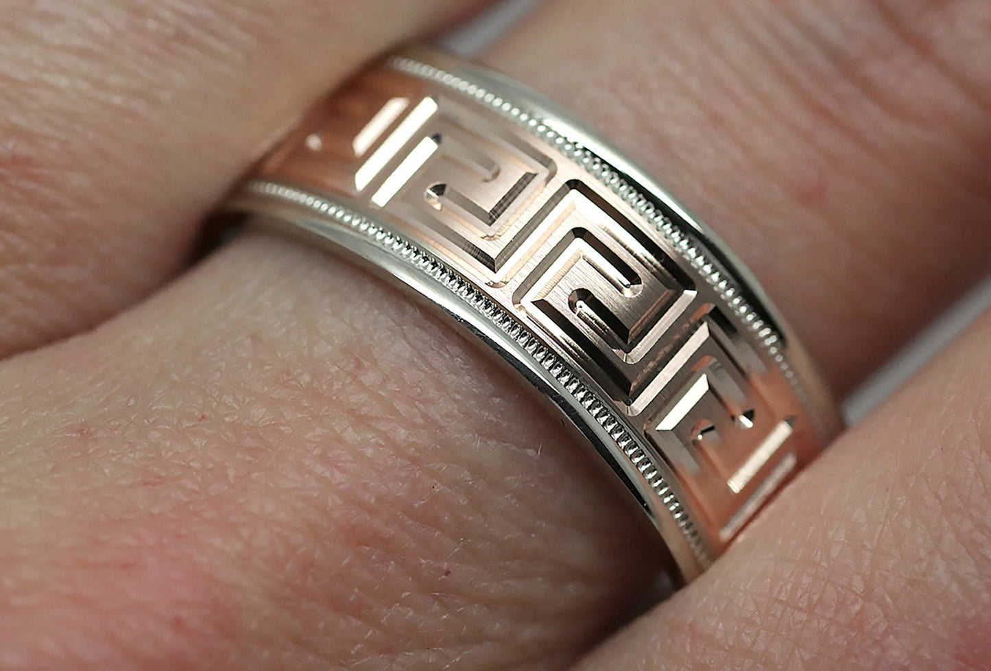 8mm Gold Wedding Band for Men and Women with Greek Design | T-0033