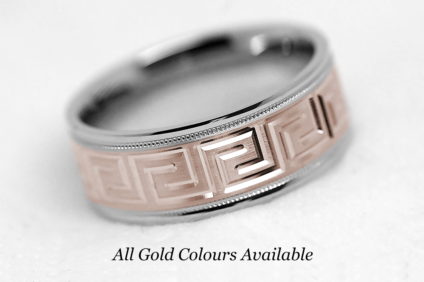 8mm Gold Wedding Band for Men and Women with Greek Design | T-0033