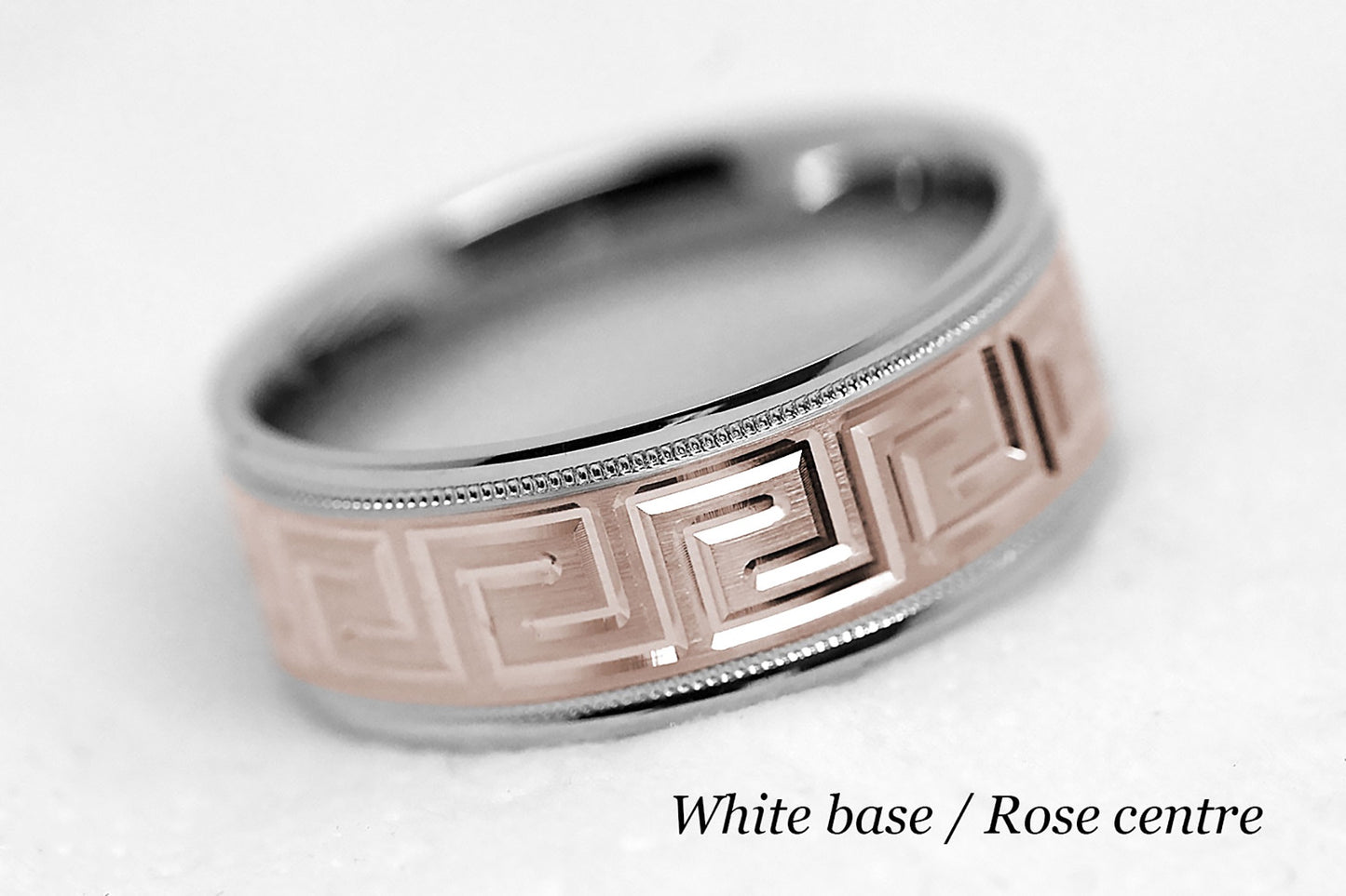 8mm Gold Wedding Band for Men and Women with Greek Design | T-0033