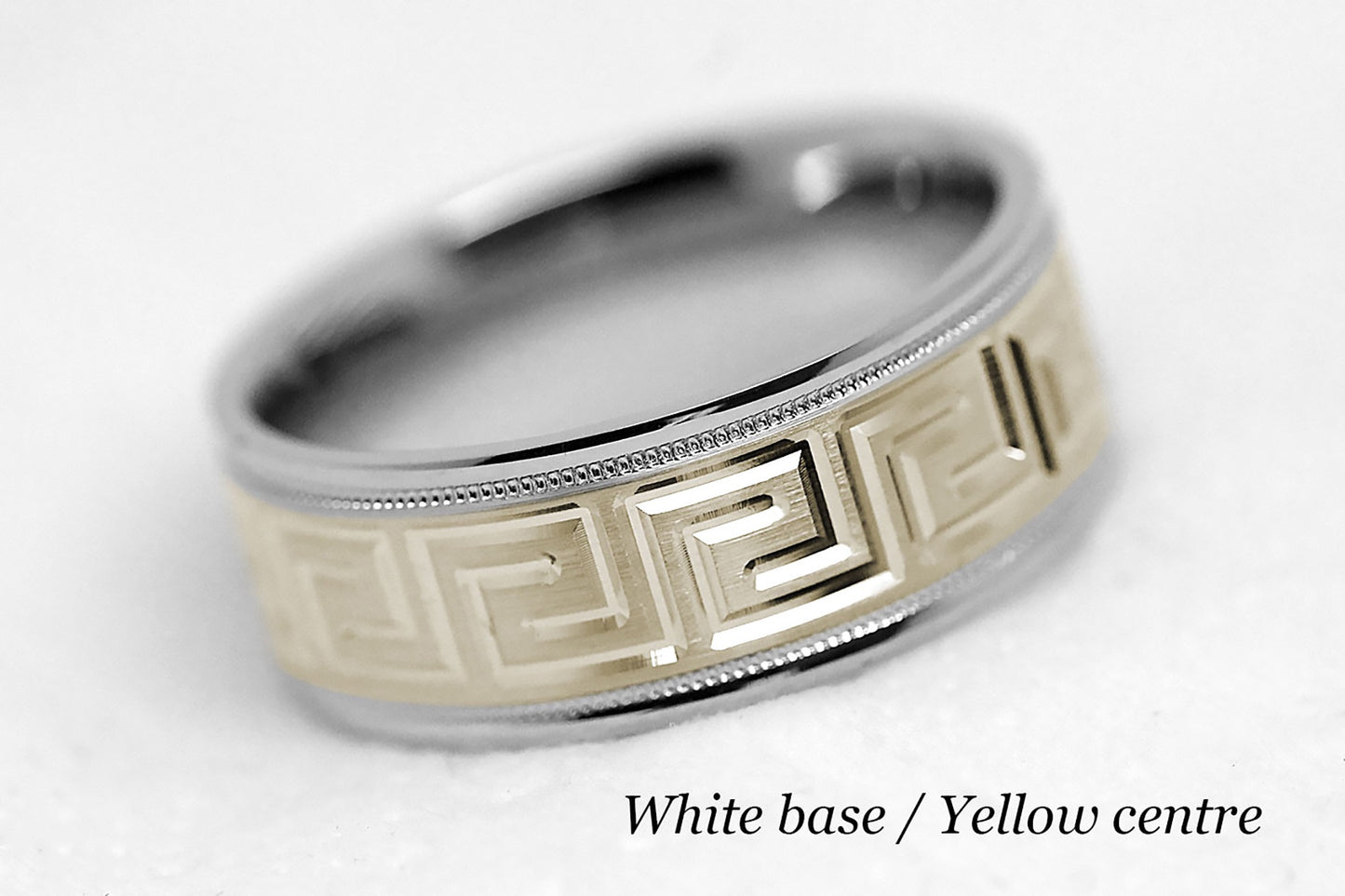 8mm Gold Wedding Band for Men and Women with Greek Design | T-0033