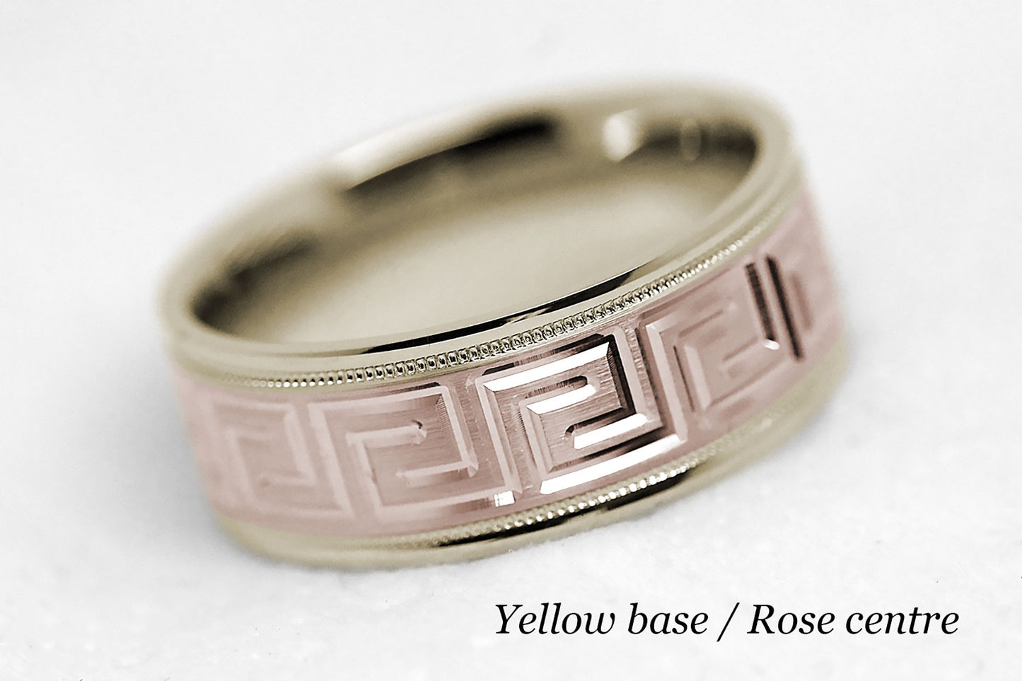 8mm Gold Wedding Band for Men and Women with Greek Design | T-0033