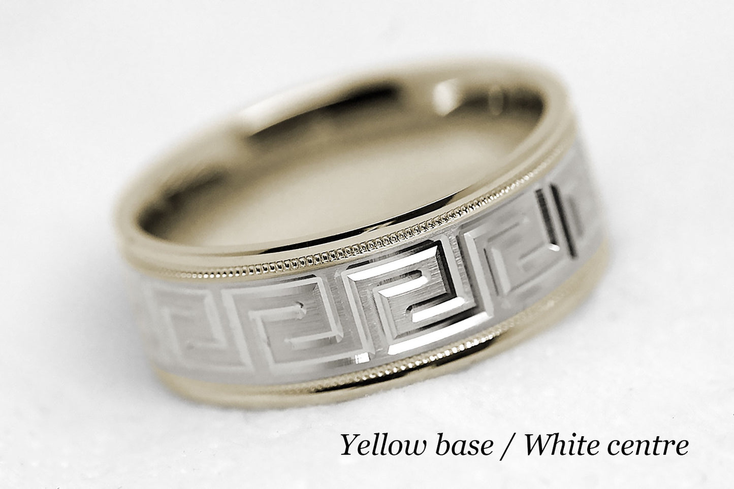 8mm Gold Wedding Band for Men and Women with Greek Design | T-0033