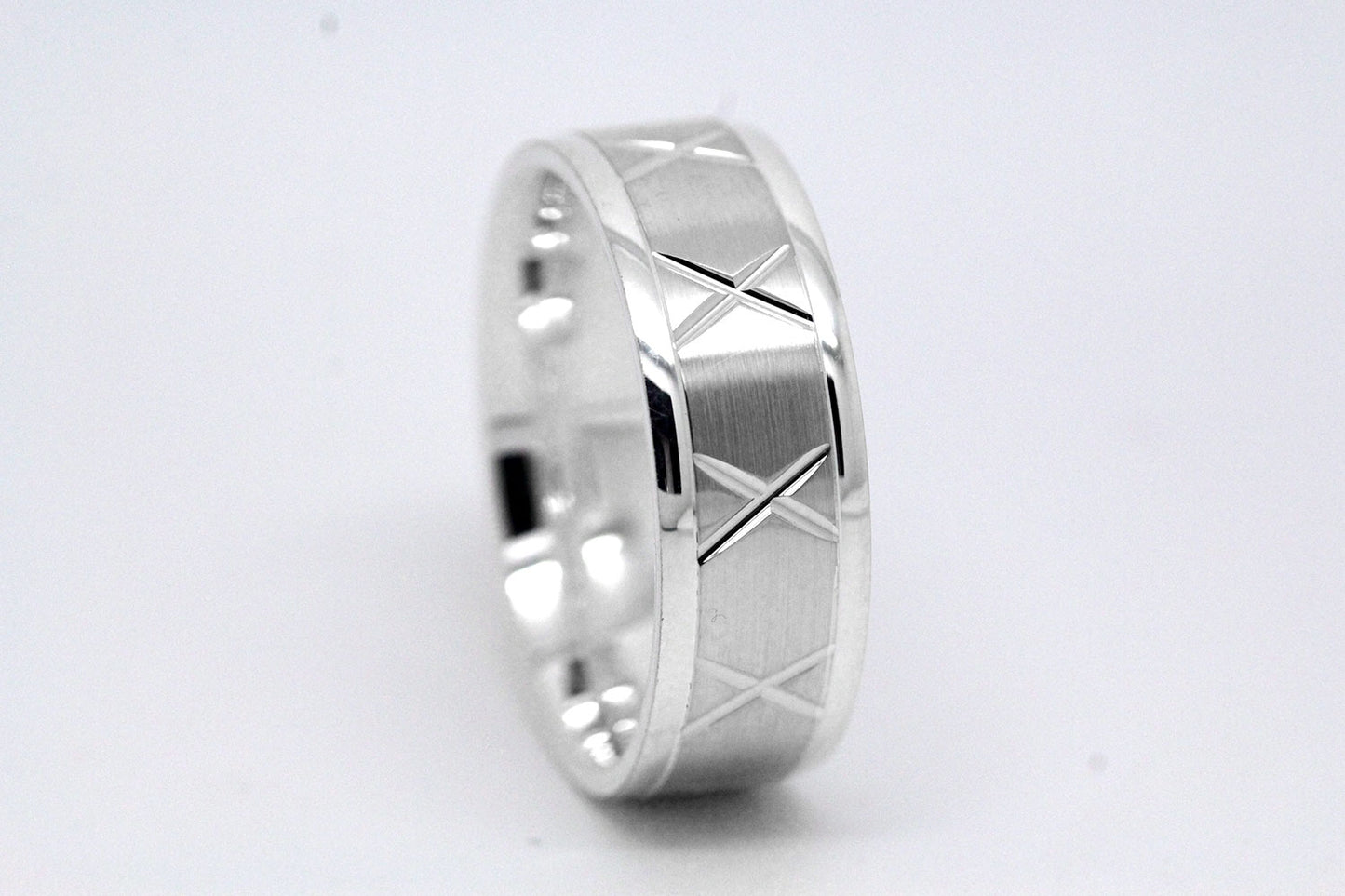 gold wedding band for men in brushed finish centre. X design around the entire ring in White Gold