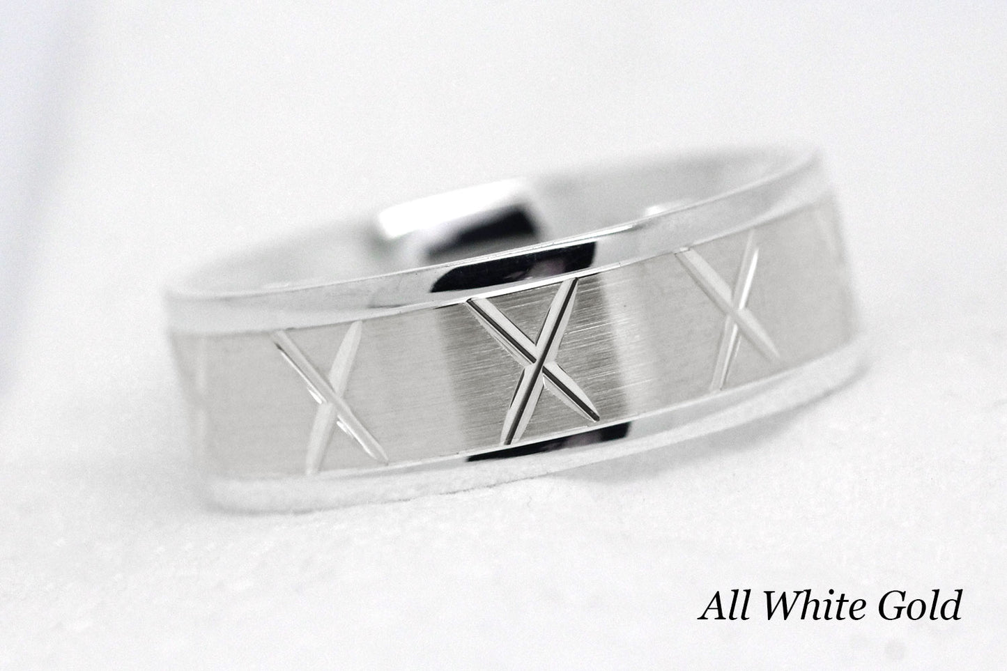 gold wedding band for men in brushed finish centre. X design around the entire ring in White Gold