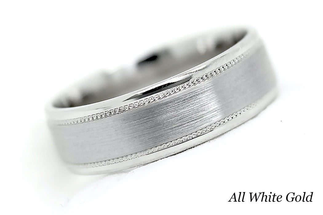 solid gold wedding ring for men and women. Brushed ring with white gold