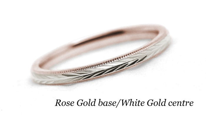 Two tone Gold Women's Wedding Ring Wheat design Faceted Ring | Elegant and classic 2 mm solid two tone 10k 14k 18k gold ring with nature inspired wheat design and milgrain edge.Stack it with other rings or wear it alone.