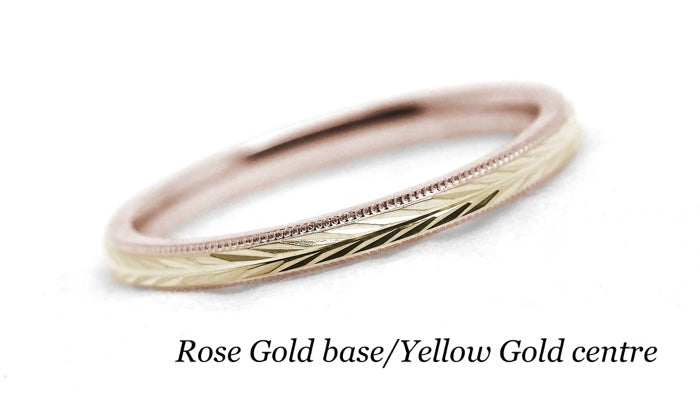 Two tone Gold Women's Wedding Ring Wheat design Faceted Ring | Elegant and classic 2 mm solid two tone 10k 14k 18k gold ring with nature inspired wheat design and milgrain edge.Stack it with other rings or wear it alone.