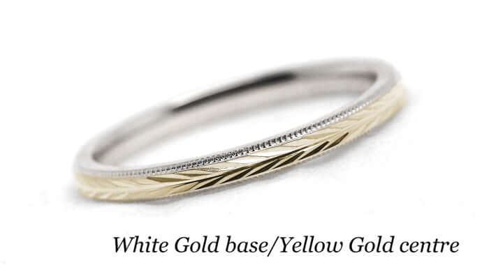 Two tone Gold Women's Wedding Ring Wheat design Faceted Ring | Elegant and classic 2 mm solid two tone 10k 14k 18k gold ring with nature inspired wheat design and milgrain edge.Stack it with other rings or wear it alone.
