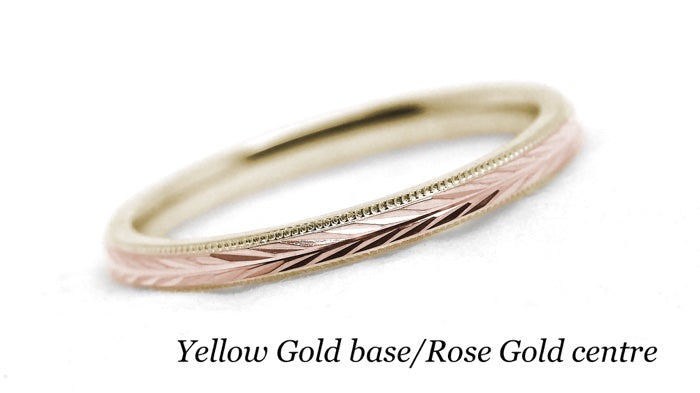 Two tone Gold Women's Wedding Ring Wheat design Faceted Ring | Elegant and classic 2 mm solid two tone 10k 14k 18k gold ring with nature inspired wheat design and milgrain edge.Stack it with other rings or wear it alone.